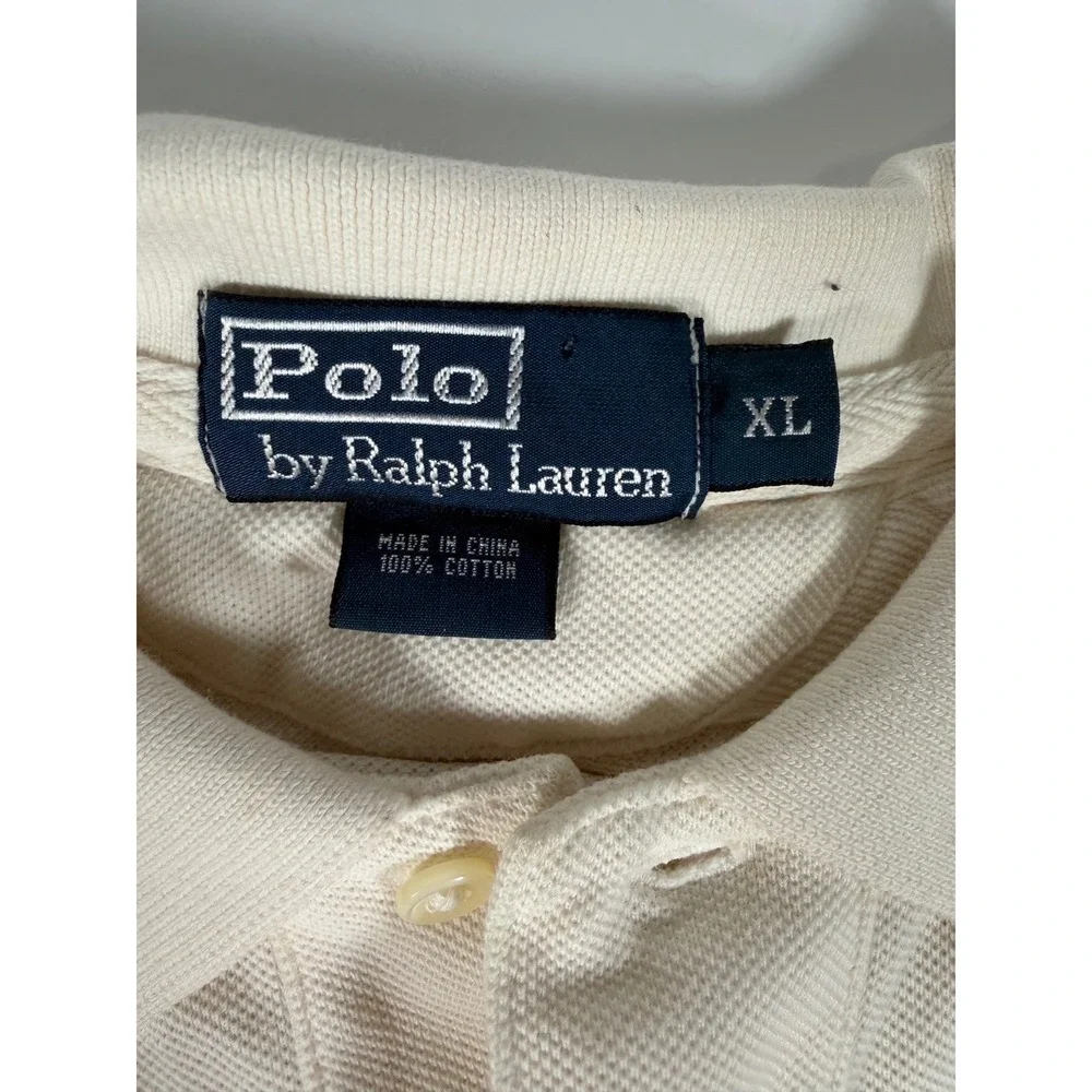 Vintage Polo Ralph Lauren 67 Graphic Polo Shirt XL Cream Varsity Streetwear Y2K